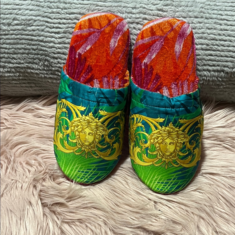Versace Green and Gold Medusa Slippers
